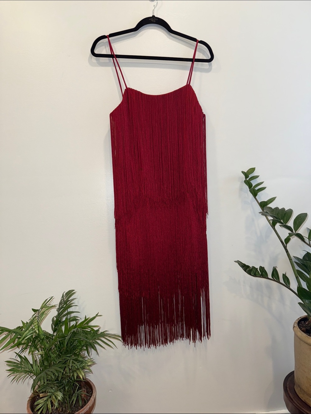 Commense Red Fringe Mini Slip Dress